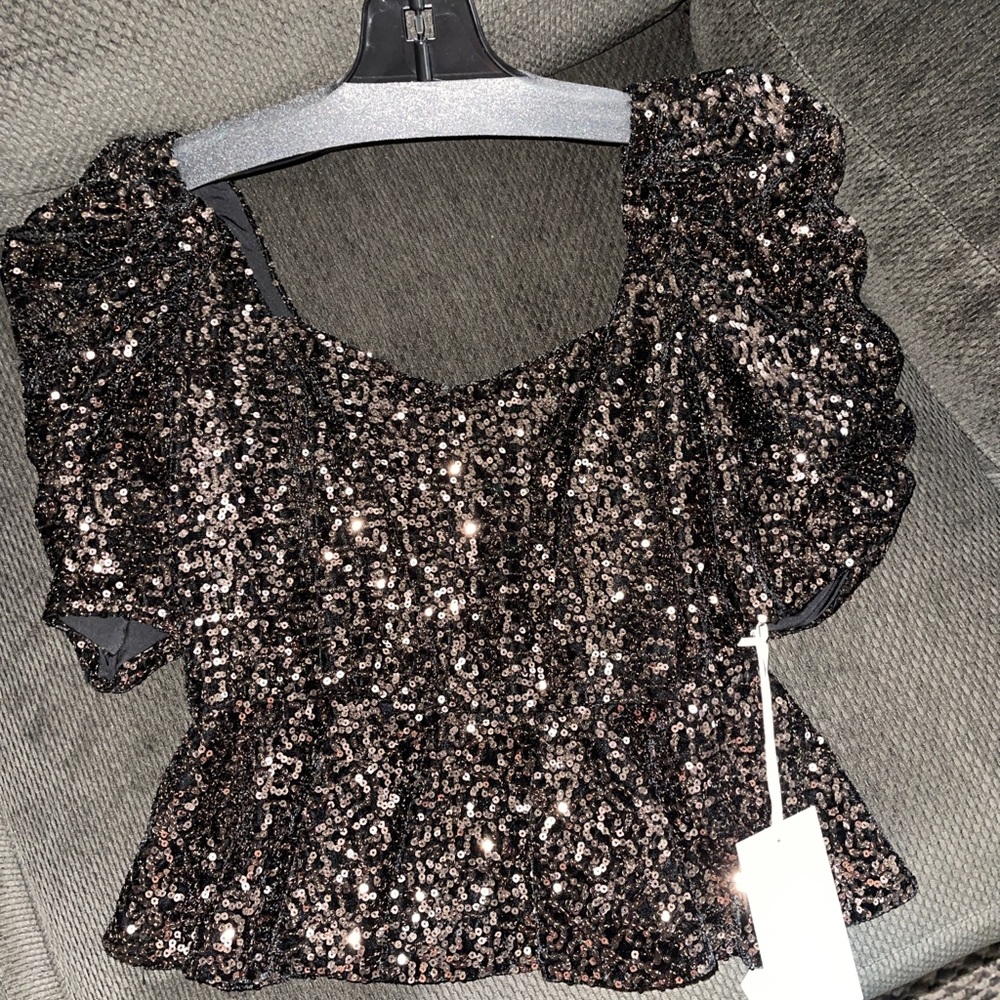 Amanda Uprichard black and gold sequin peplum top